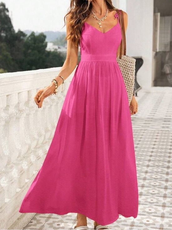 Dresses & Skirts - Hot pink Backless open back Tie Strap Maxi Dress V Neck Flowy (it has pockets)